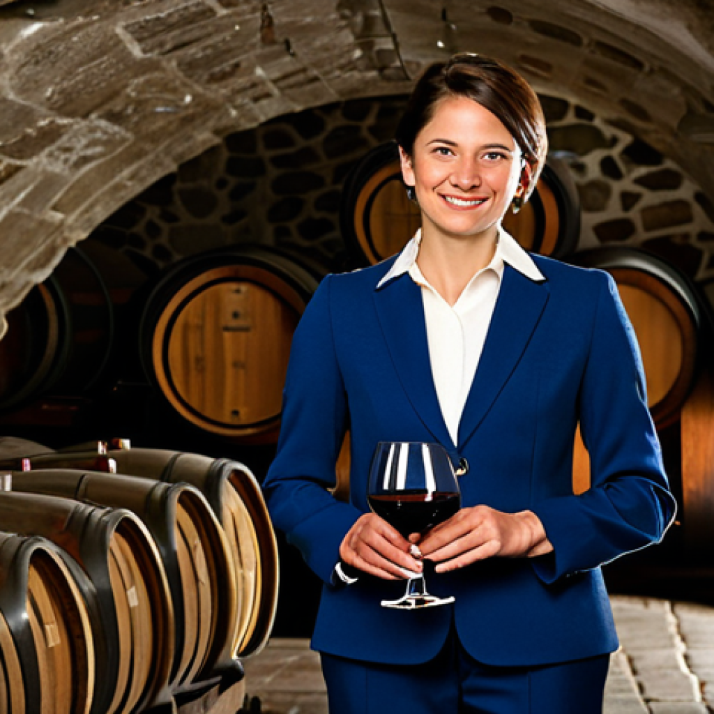 A professional female sommelier, fully clothed in an elegant, modest business suit, stands in the historic wine cellar of Hofkellerei des F&uuml;rsten von Liechtenstein. She holds a glass of Blauburgunder, examining its clarity. In the background, modern stainless steel tanks blend seamlessly with ancient wooden wine barrels, symbolizing tradition and innovation. Soft, refined lighting highlights the stone walls and the intricate details of the cellar. The overall image conveys a sense of history, excellence, and the serene dedication to winemaking. The scene features perfect anatomy, correct proportions, well-formed hands, and natural body proportions, ensuring a professional and high-quality image. This is appropriate content, safe for work, and family-friendly.