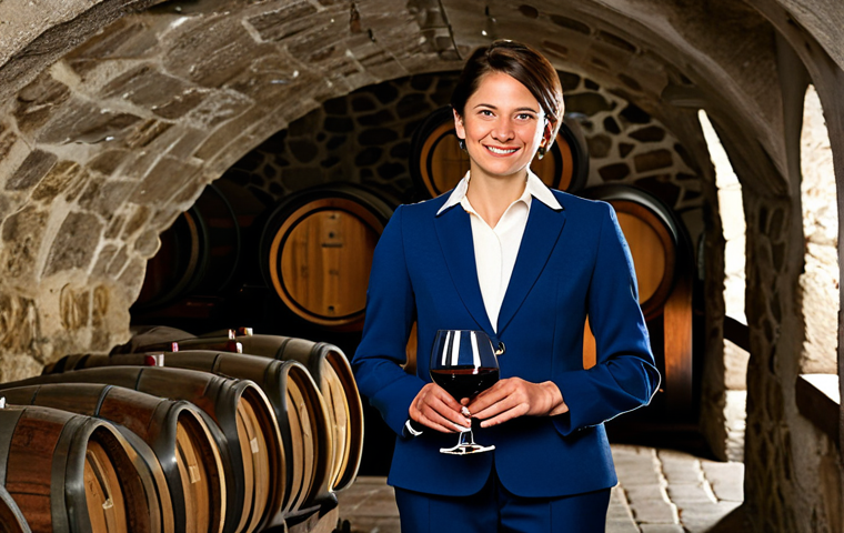 A professional female sommelier, fully clothed in an elegant, modest business suit, stands in the historic wine cellar of Hofkellerei des Fürsten von Liechtenstein. She holds a glass of Blauburgunder, examining its clarity. In the background, modern stainless steel tanks blend seamlessly with ancient wooden wine barrels, symbolizing tradition and innovation. Soft, refined lighting highlights the stone walls and the intricate details of the cellar. The overall image conveys a sense of history, excellence, and the serene dedication to winemaking. The scene features perfect anatomy, correct proportions, well-formed hands, and natural body proportions, ensuring a professional and high-quality image. This is appropriate content, safe for work, and family-friendly.