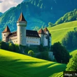 Home 19 리히텐슈타인의 전통 및 현대 문화 비교 - A majestic medieval castle perched on a lush green hill in Liechtenstein, featuring thick stone wall...