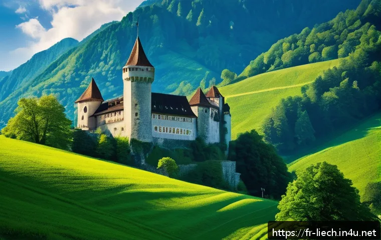 리히텐슈타인의 전통 및 현대 문화 비교 - A majestic medieval castle perched on a lush green hill in Liechtenstein, featuring thick stone wall...