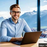 Home 23 리히텐슈타인의 온라인 비즈니스 가능성 - A modern digital entrepreneur workspace in Liechtenstein, featuring a sleek laptop displaying blockc...
