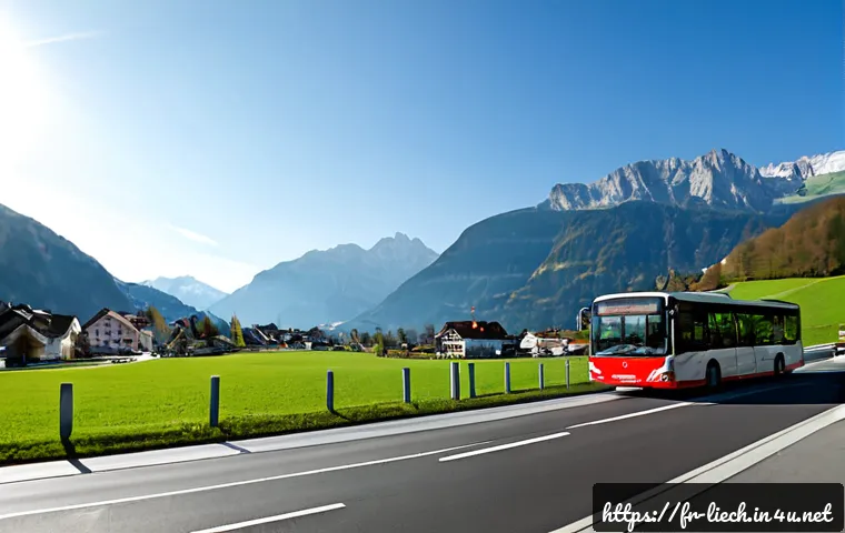 리히텐슈타인 교통 시스템 - Photorealistic wide-angle view of a modern red-and-white public bus traveling through a pristine Lie...